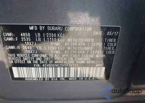 2017 Subaru Outback 3.6R Limited из США, поврежденный, VIN 4S4BSENC2H3416110